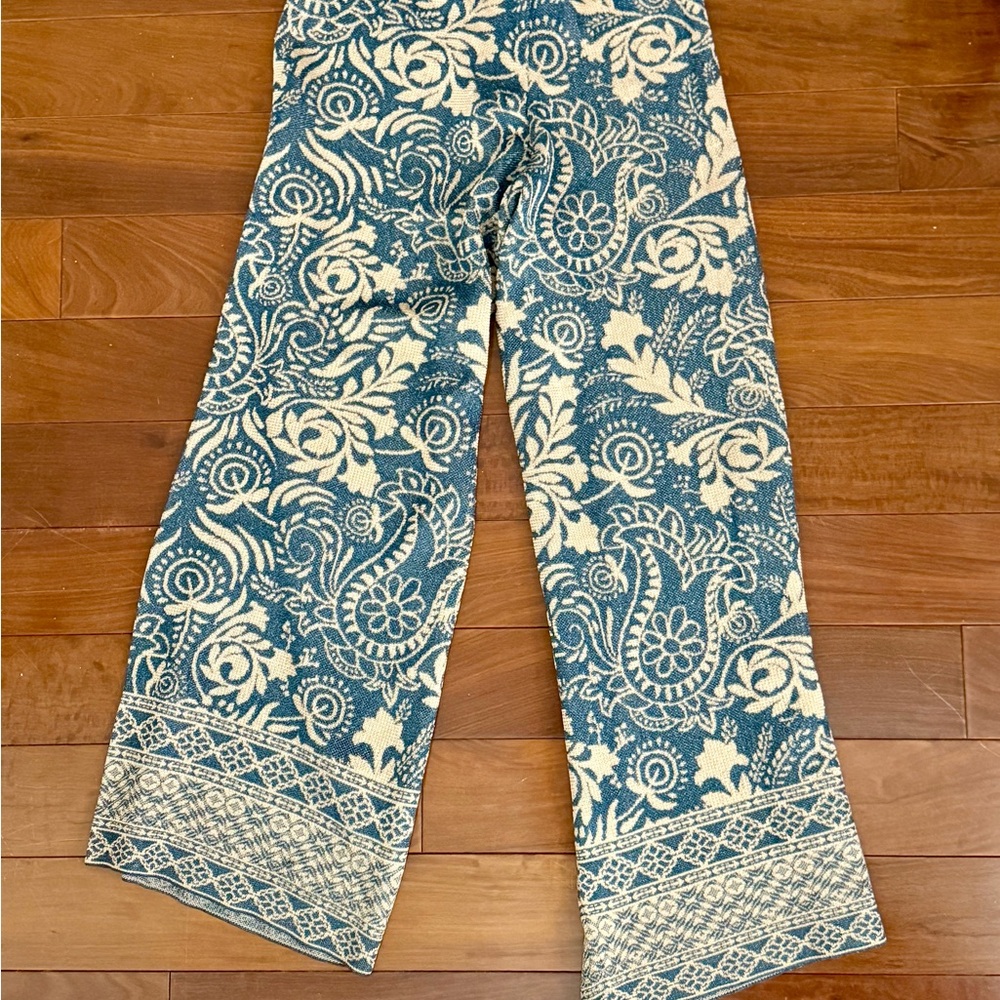 Zara Teal and Cream Floral Boot Cut Pants